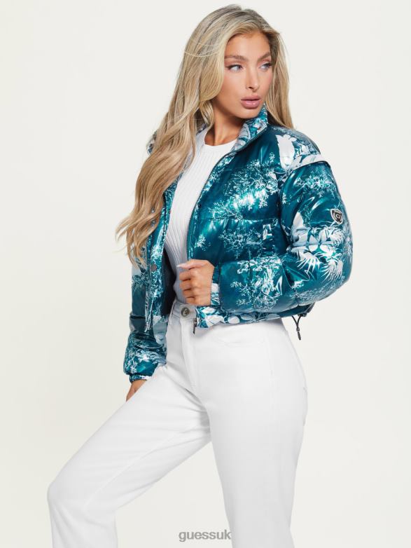 GUESS Women Gabi Cropped Puffer Jacket Country Garden Teal Print Apparel V28V61952