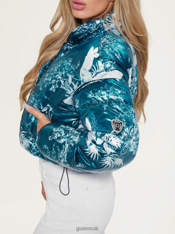 GUESS Women Gabi Cropped Puffer Jacket Country Garden Teal Print Apparel V28V61952