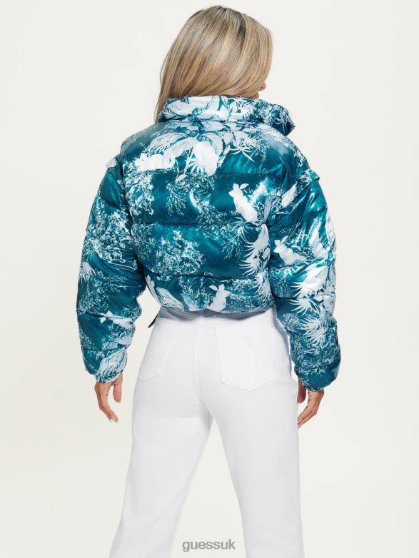 GUESS Women Gabi Cropped Puffer Jacket Country Garden Teal Print Apparel V28V61952