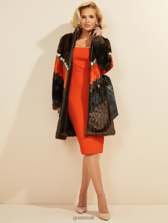 GUESS Women Judy Faux-Fur Coat Chevron Orange Apparel V28V61934