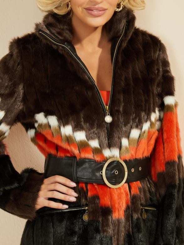 GUESS Women Judy Faux-Fur Coat Chevron Orange Apparel V28V61934