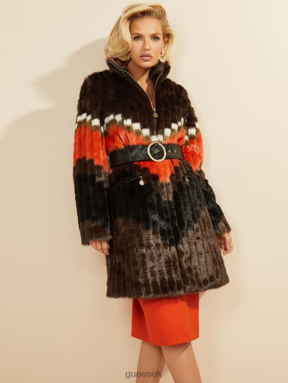 GUESS Women Judy Faux-Fur Coat Chevron Orange Apparel V28V61934