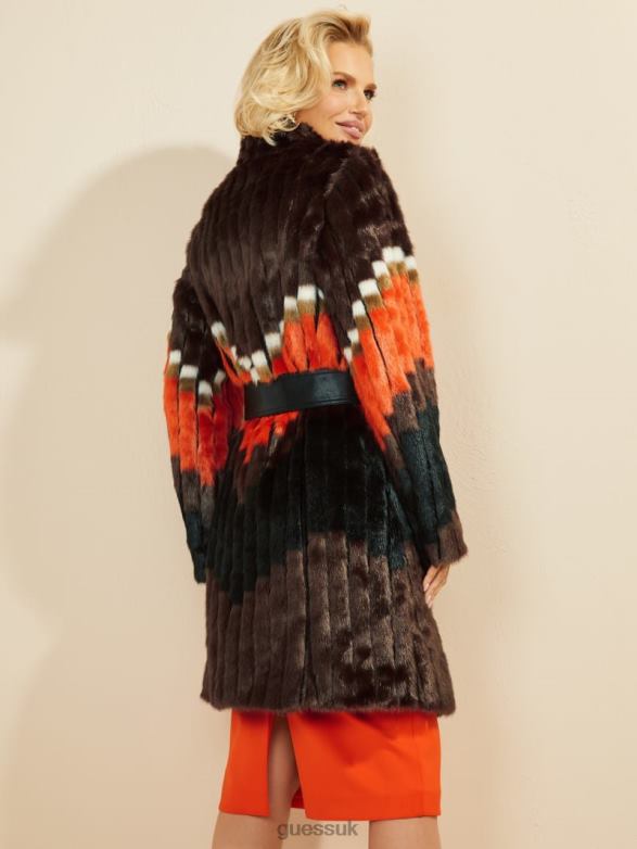 GUESS Women Judy Faux-Fur Coat Chevron Orange Apparel V28V61934