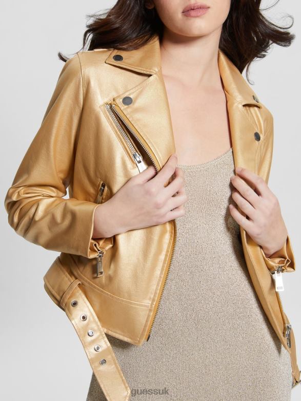 GUESS Women Lana Metallic Faux-Leather Biker Jacket Gold Foil Combo Apparel V28V61769