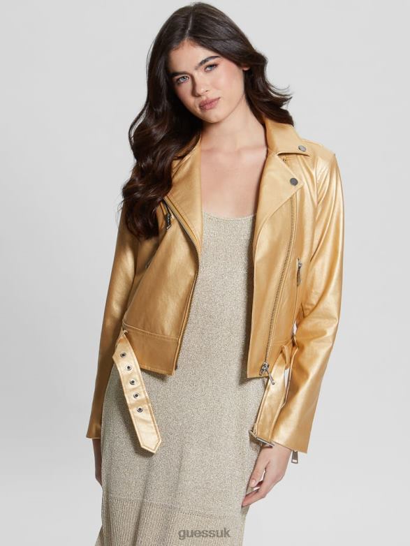 GUESS Women Lana Metallic Faux-Leather Biker Jacket Gold Foil Combo Apparel V28V61769