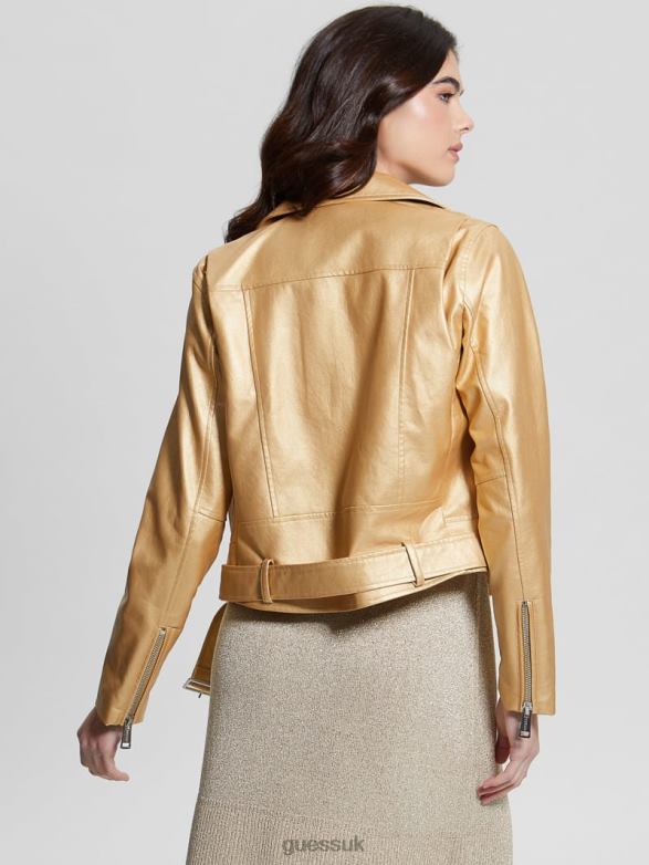 GUESS Women Lana Metallic Faux-Leather Biker Jacket Gold Foil Combo Apparel V28V61769