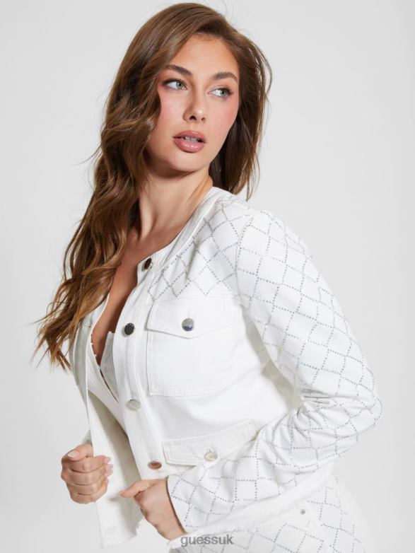 GUESS Women Larissa Diamond Denim Jacket Bling White Apparel V28V646
