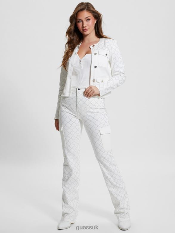 GUESS Women Larissa Diamond Denim Jacket Bling White Apparel V28V646