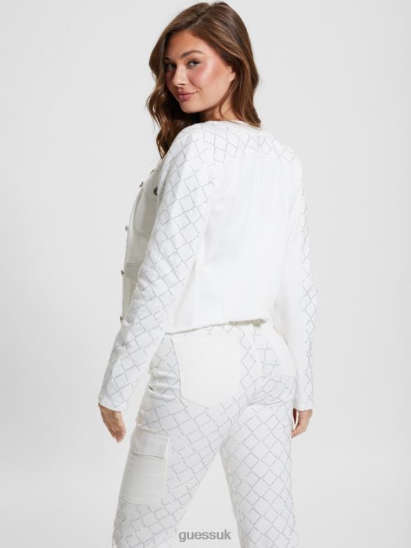 GUESS Women Larissa Diamond Denim Jacket Bling White Apparel V28V646