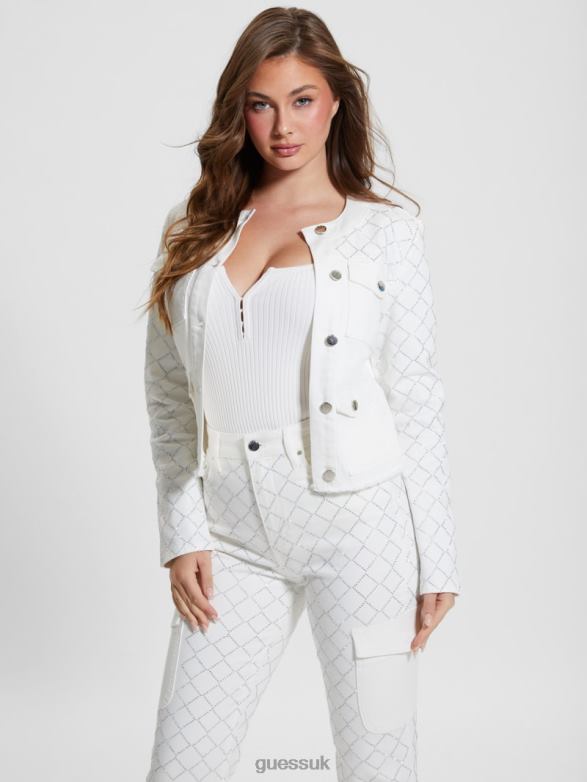 GUESS Women Larissa Diamond Denim Jacket Bling White Apparel V28V646