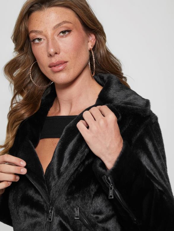 GUESS Women Lavinia Faux-Fur Moto Jacket Black Apparel V28V61925