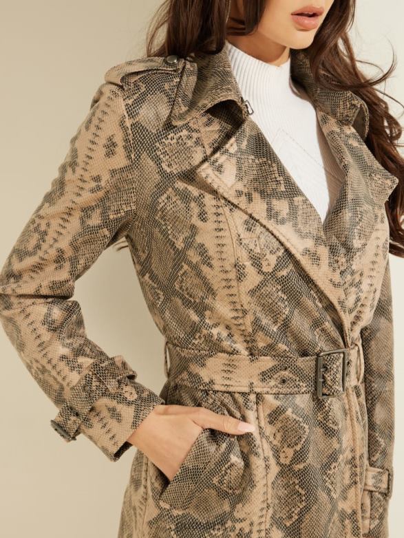 GUESS Women Linda Trench Coat Exotic Snake Sand Black C Apparel V28V61941