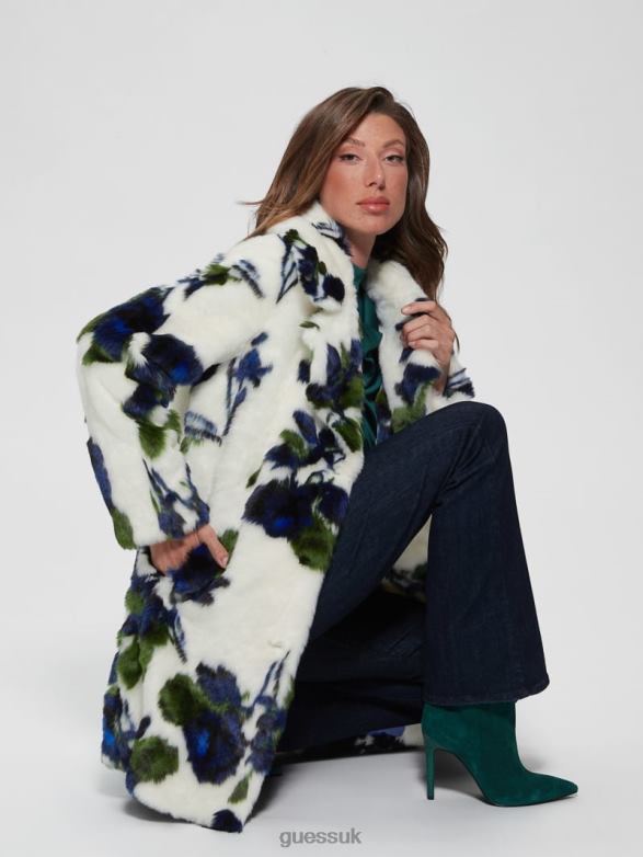 GUESS Women Magda Faux-Fur Coat Fantasy Flower Blue Combo Apparel V28V61914