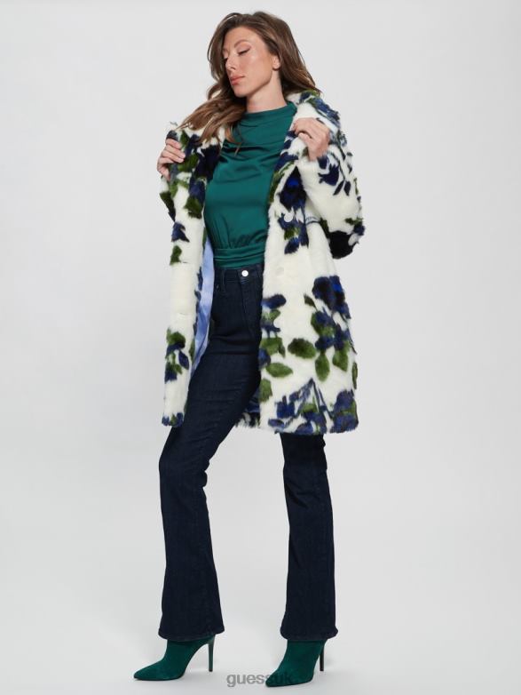 GUESS Women Magda Faux-Fur Coat Fantasy Flower Blue Combo Apparel V28V61914
