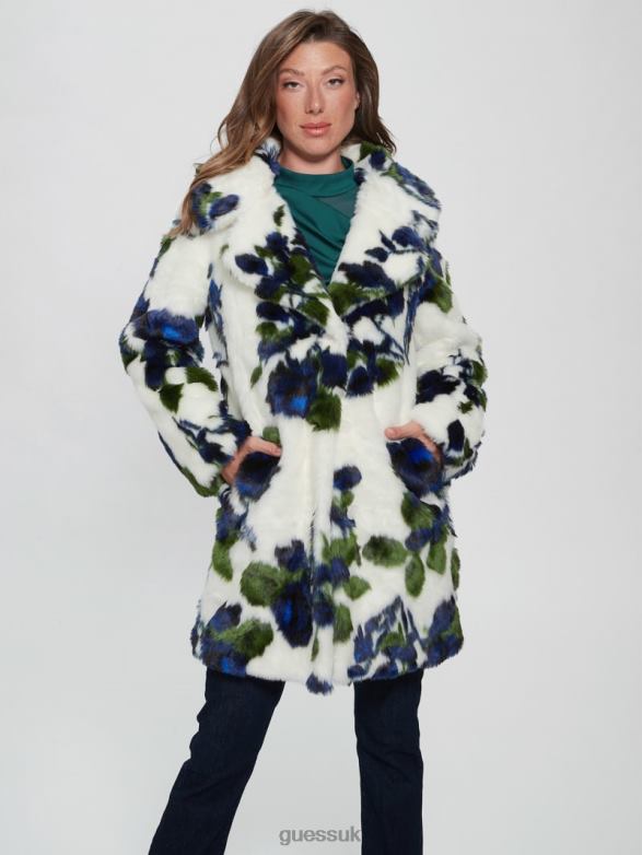 GUESS Women Magda Faux-Fur Coat Fantasy Flower Blue Combo Apparel V28V61914