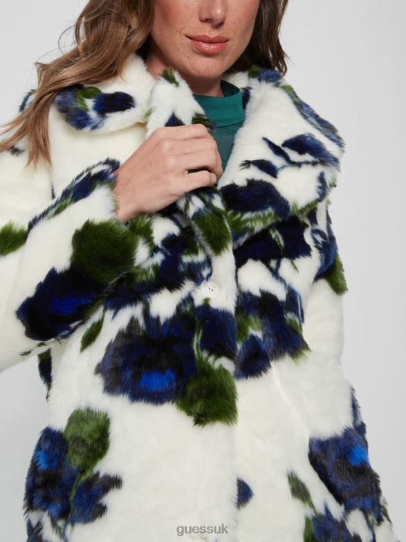 GUESS Women Magda Faux-Fur Coat Fantasy Flower Blue Combo Apparel V28V61914