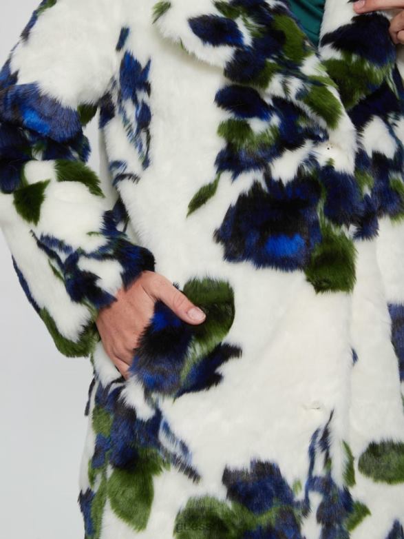 GUESS Women Magda Faux-Fur Coat Fantasy Flower Blue Combo Apparel V28V61914