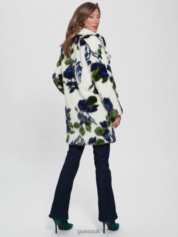 GUESS Women Magda Faux-Fur Coat Fantasy Flower Blue Combo Apparel V28V61914