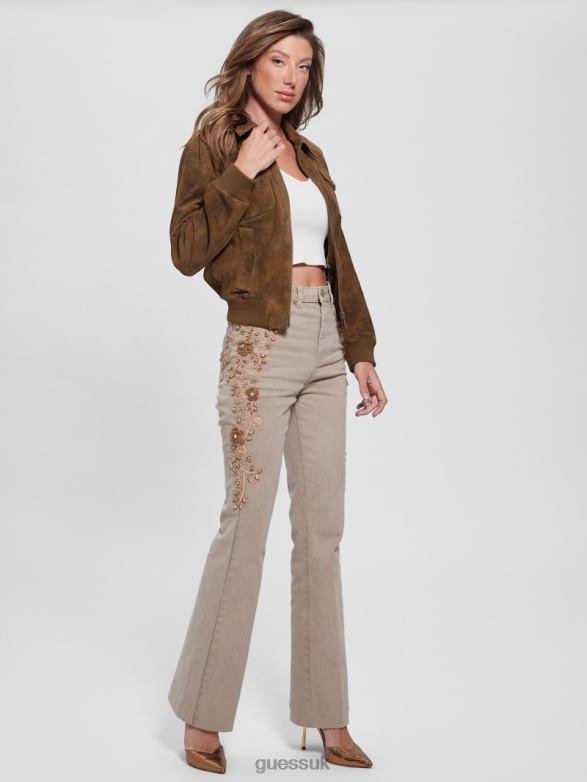 GUESS Women Marie Leather Jacket Brown Oak Multi Apparel V28V61855