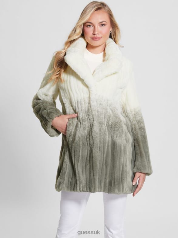 GUESS Women Marta Faux-Fur Coat Shaded Salvia White Combo Apparel V28V61958