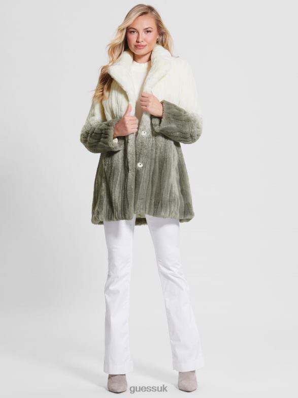 GUESS Women Marta Faux-Fur Coat Shaded Salvia White Combo Apparel V28V61958