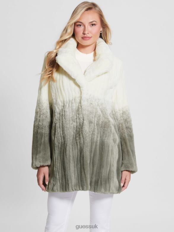 GUESS Women Marta Faux-Fur Coat Shaded Salvia White Combo Apparel V28V61958
