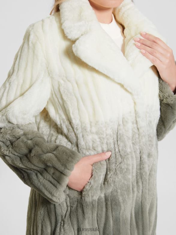GUESS Women Marta Faux-Fur Coat Shaded Salvia White Combo Apparel V28V61958