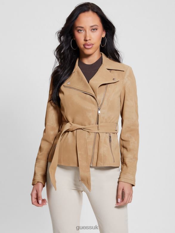 GUESS Women New Agnes Belted Moto Jacket Wet Sand Multi Apparel V28V61767