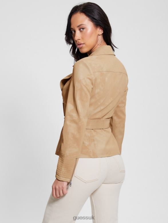 GUESS Women New Agnes Belted Moto Jacket Wet Sand Multi Apparel V28V61767