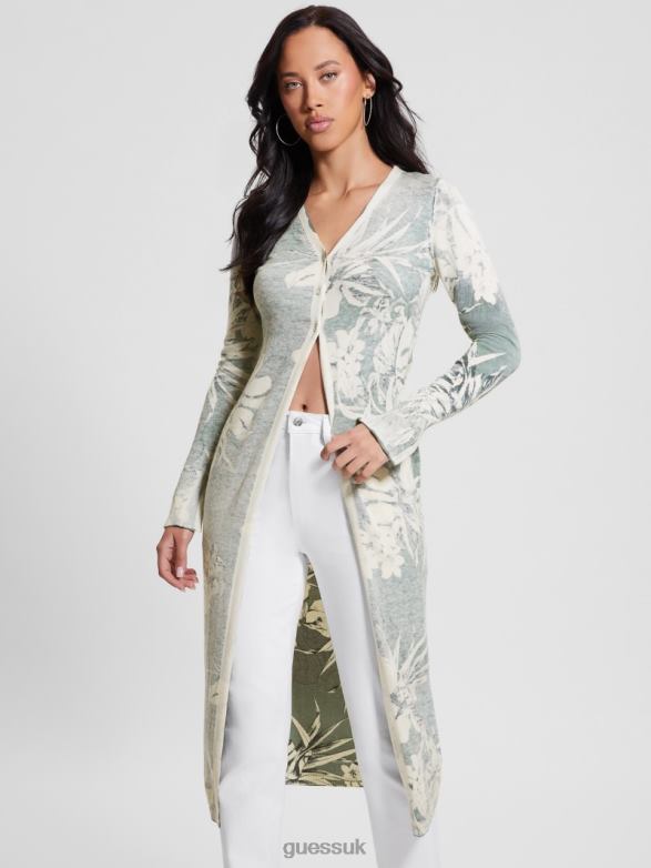 GUESS Women Odette Long Cardigan Dusty Fern Jungle Print Apparel V28V61747