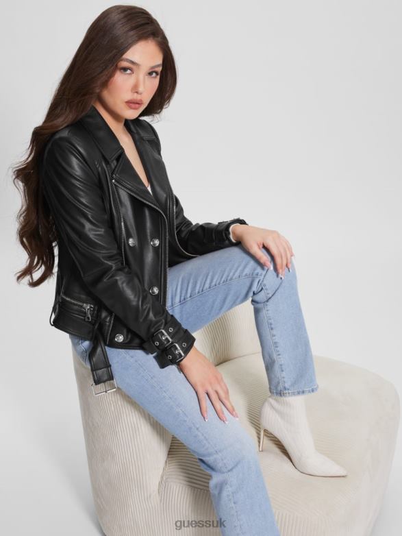 GUESS Women Olivia Faux-Leather Moto Jacket Jet Black Multi Apparel V28V61754