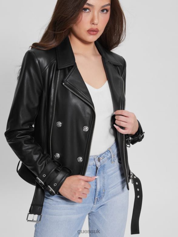 GUESS Women Olivia Faux-Leather Moto Jacket Jet Black Multi Apparel V28V61754