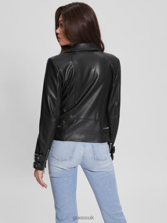 GUESS Women Olivia Faux-Leather Moto Jacket Jet Black Multi Apparel V28V61754