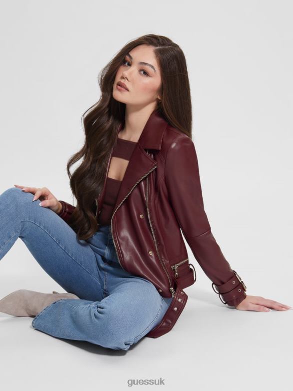 GUESS Women Olivia Faux-Leather Moto Jacket Mystic Wine Multi Apparel V28V61790