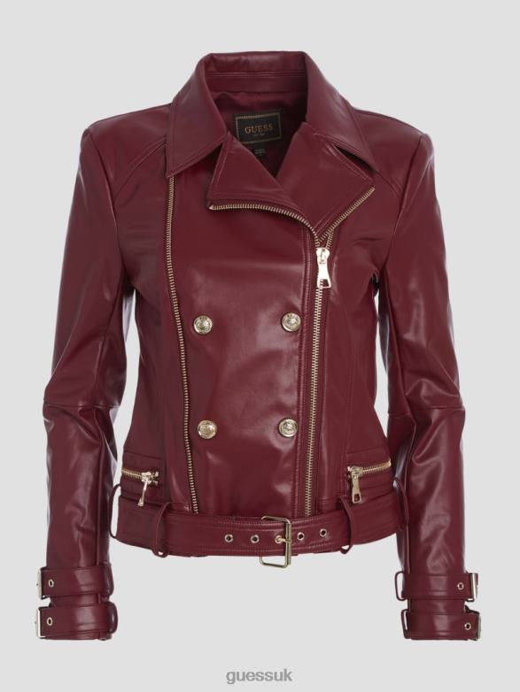 GUESS Women Olivia Faux-Leather Moto Jacket Mystic Wine Multi Apparel V28V61790