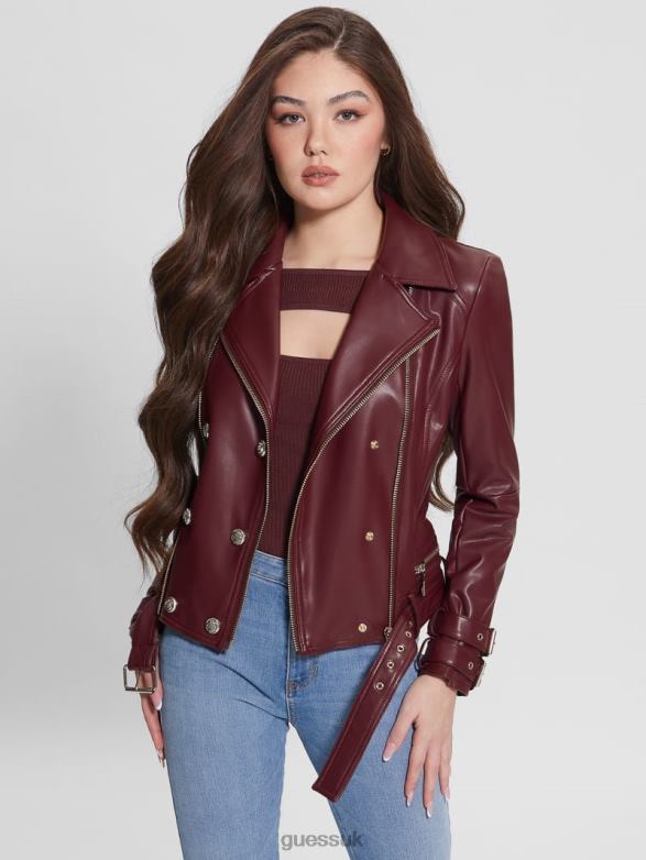 GUESS Women Olivia Faux-Leather Moto Jacket Mystic Wine Multi Apparel V28V61790