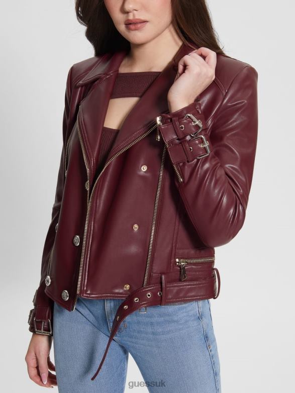 GUESS Women Olivia Faux-Leather Moto Jacket Mystic Wine Multi Apparel V28V61790