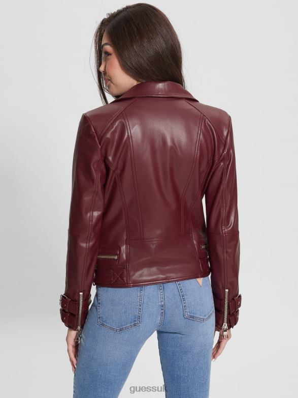 GUESS Women Olivia Faux-Leather Moto Jacket Mystic Wine Multi Apparel V28V61790