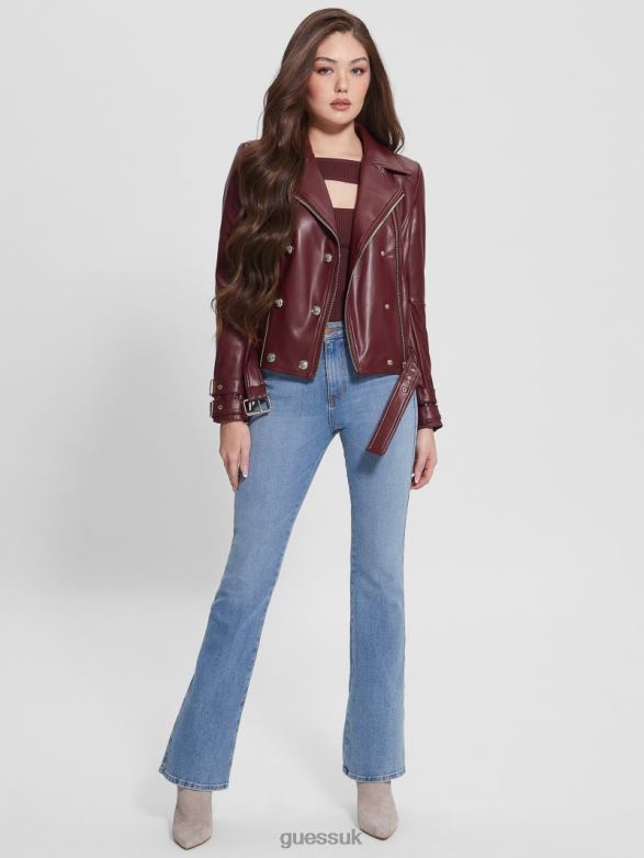 GUESS Women Olivia Faux-Leather Moto Jacket Mystic Wine Multi Apparel V28V61790