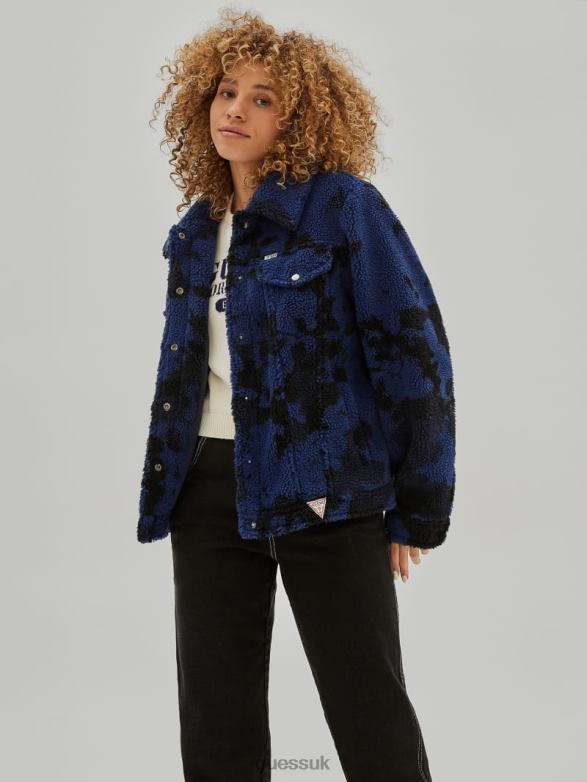 GUESS Women Originals Sherpa Trucker Jacket Surfing Blue Multi Apparel V28V61785