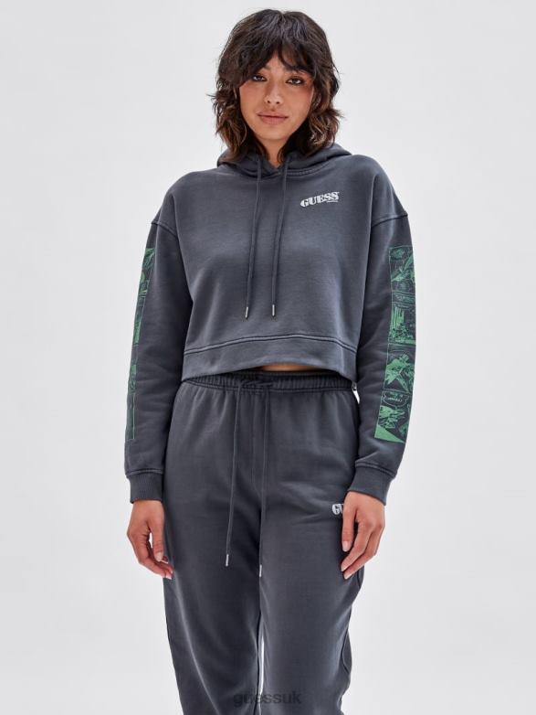 GUESS Women Originals x Batman Cropped Hoodie Jet Black Multi Apparel V28V61338
