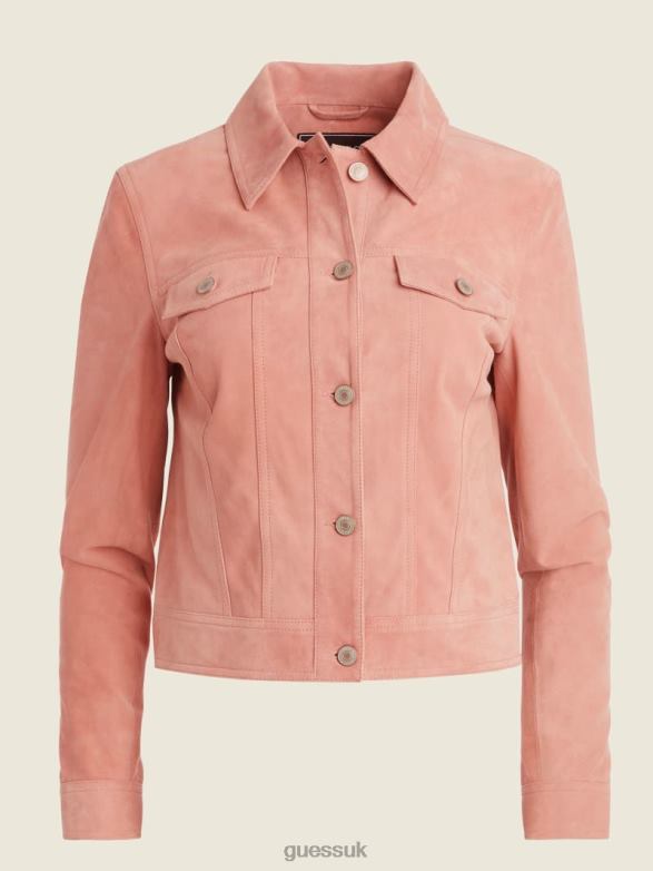 GUESS Women Rita Suede Leather Trucker Jacket Midsummer Rose Apparel V28V61786