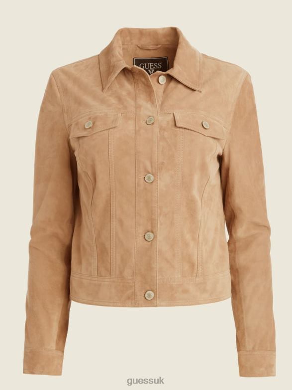 GUESS Women Rita Suede Leather Trucker Jacket Summer Clay Apparel V28V61060