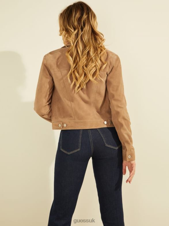 GUESS Women Rita Suede Leather Trucker Jacket Summer Clay Apparel V28V61060