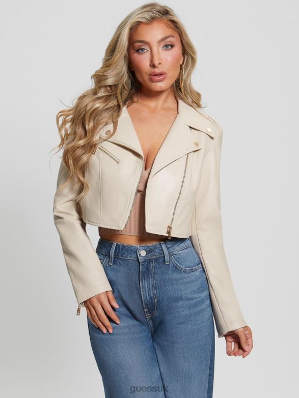 GUESS Women Rochelle Faux-Leather Moto Jacket Pearl Oyster Apparel V28V61733