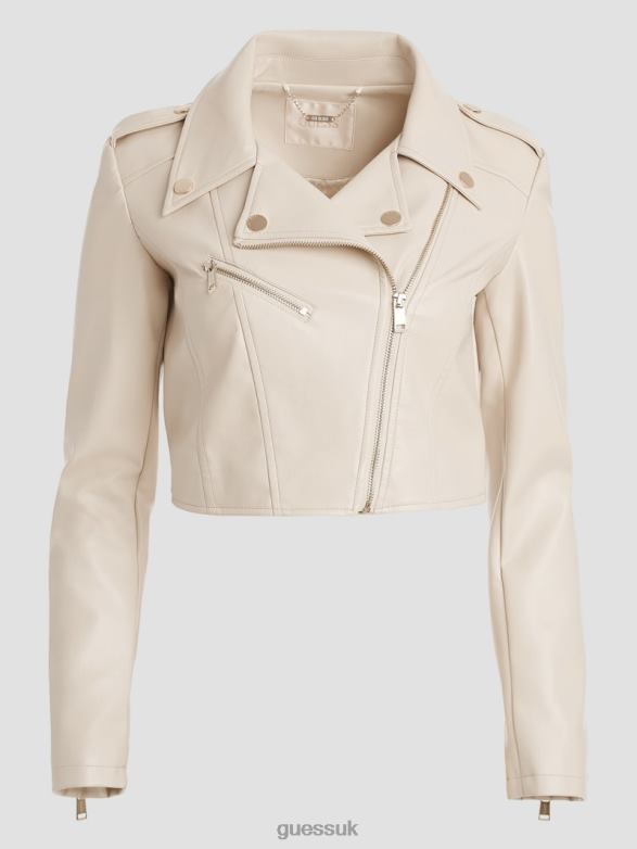 GUESS Women Rochelle Faux-Leather Moto Jacket Pearl Oyster Apparel V28V61733