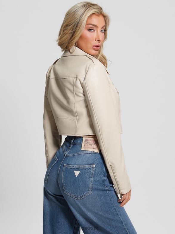 GUESS Women Rochelle Faux-Leather Moto Jacket Pearl Oyster Apparel V28V61733