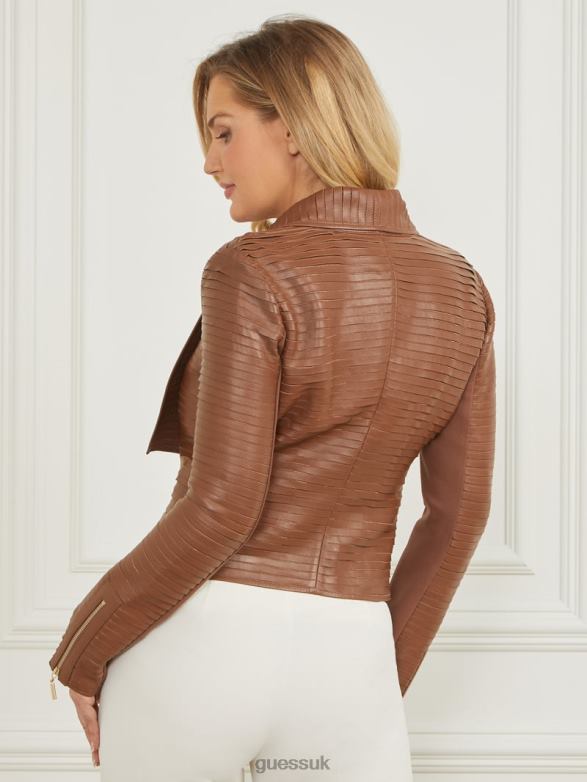 GUESS Women Shayna Drape Leather Jacket Brown Beauty Apparel V28V61825
