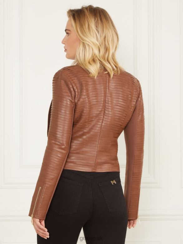 GUESS Women Shayna Drape Leather Jacket Brown Beauty Apparel V28V61825