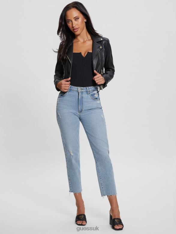 GUESS Women Venom Cropped Moto Jacket Jet Black Multi Apparel V28V61752